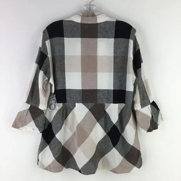 Ali Miles Linen Blend Button Up Tunic sz M Nova Check Plaid Ruffle Babydoll NEW - Picture 3 of 11